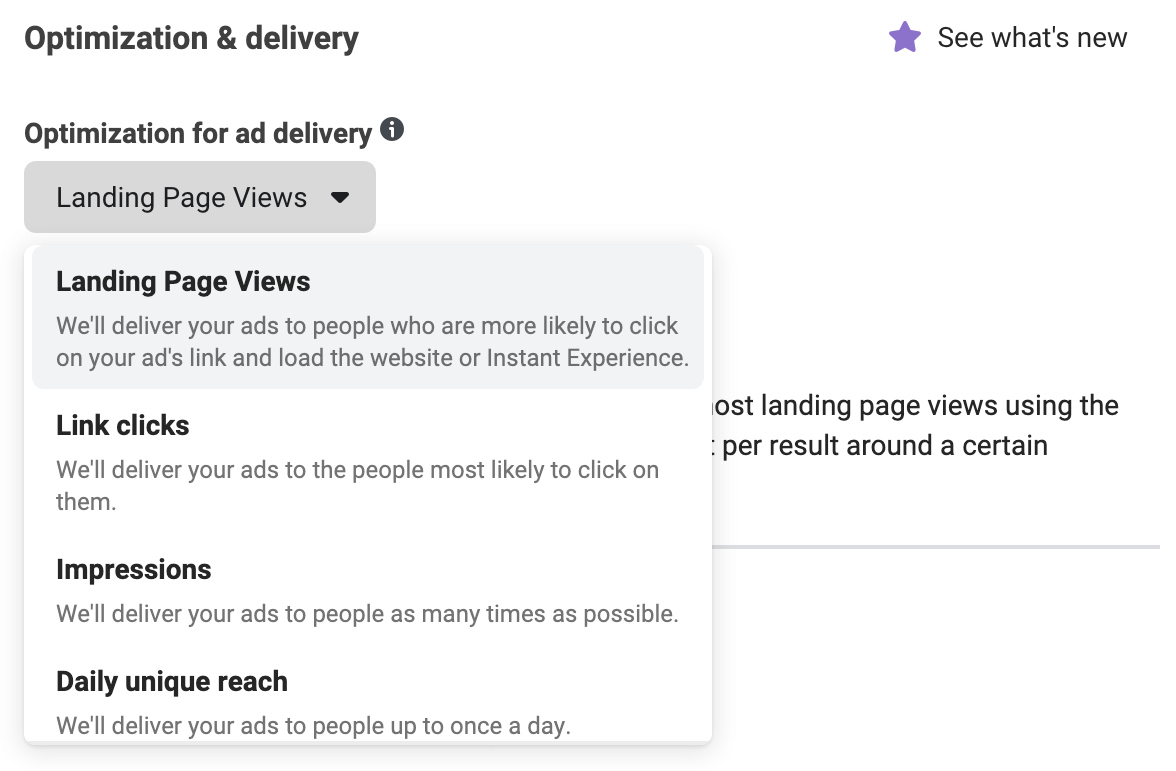 image of Optimization for Ad Delivery drop-down list in Ads Manager