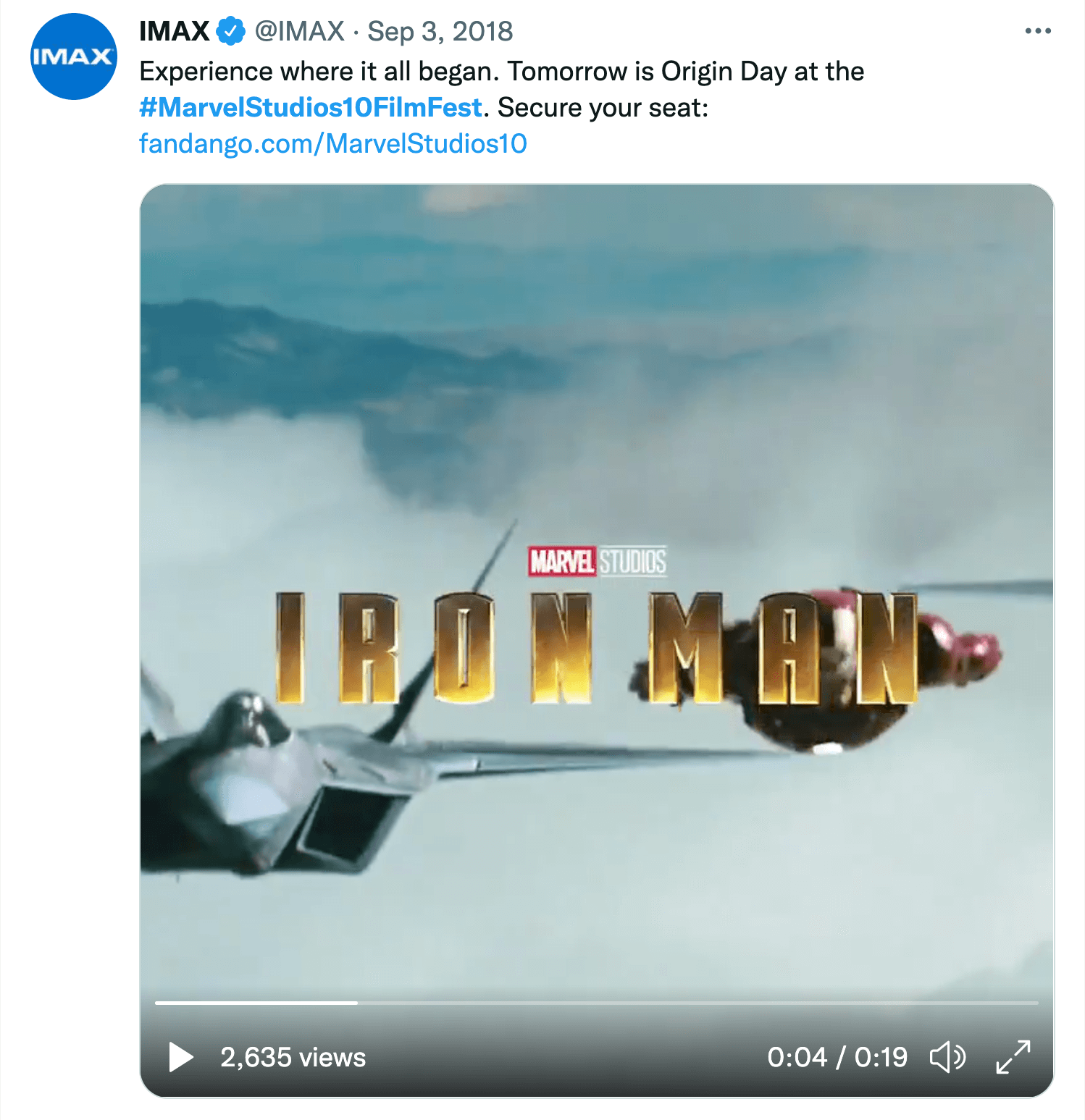 image of IMAX tweet about Marvel Studios 10 year film festival