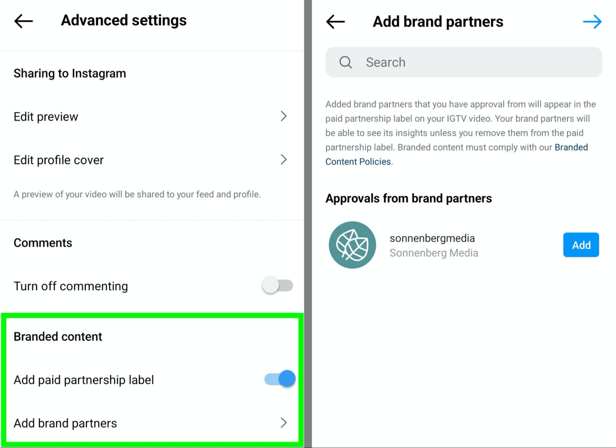 image of Branded Content section of Instagram business profile settings