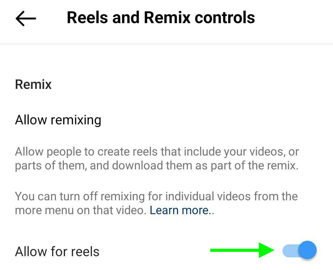 image of Reels and Remix Controls in Instagram business profile settings