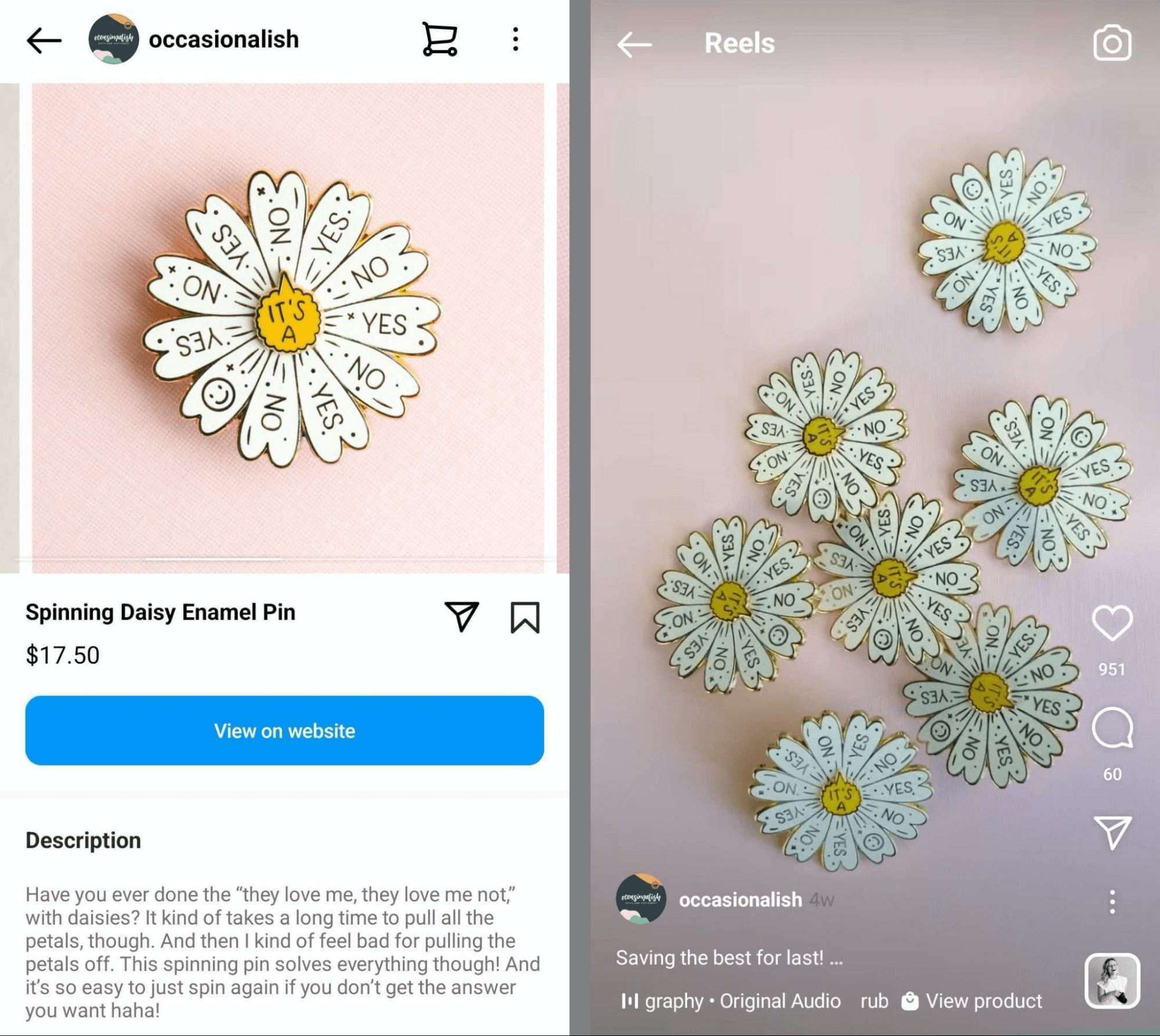 image of the same product in an Instagram shop and Instagram reel