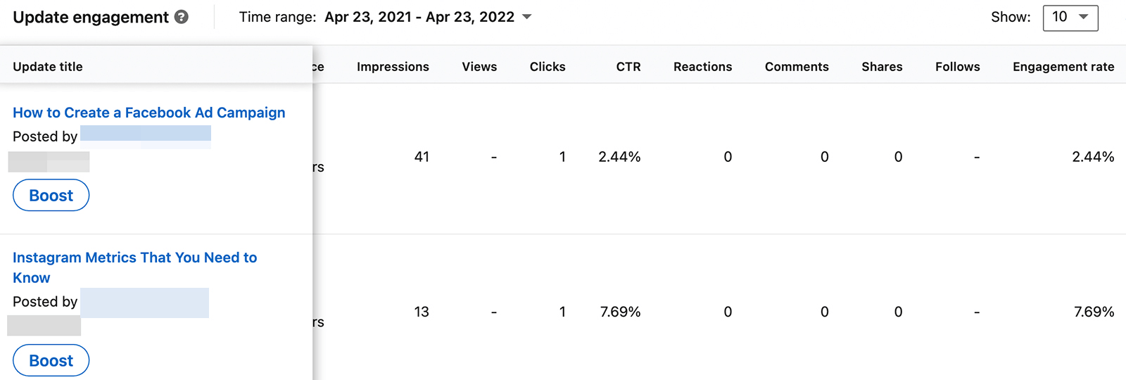 imagem dos dados de engajamento de atualização do LinkedIn Analytics