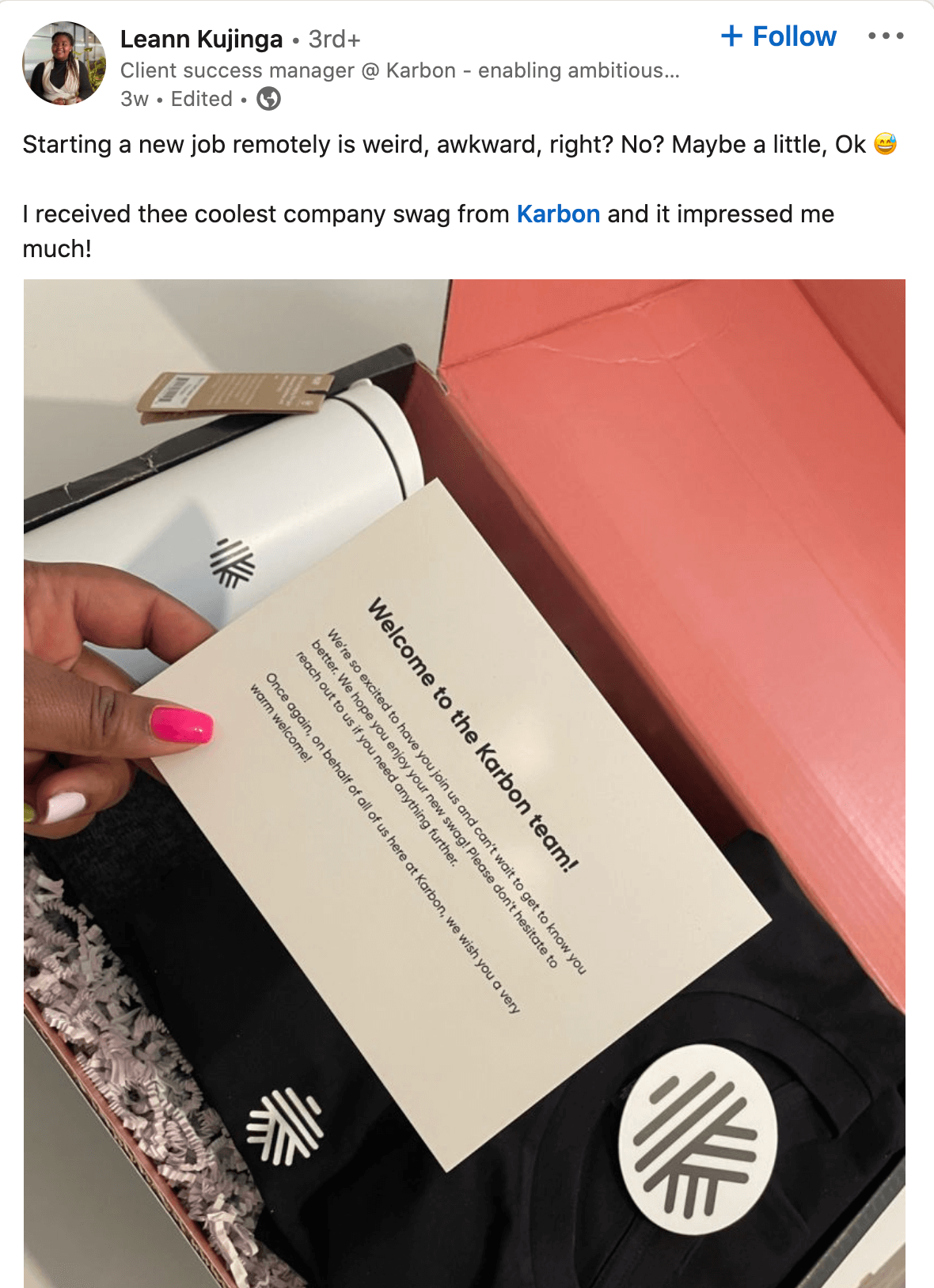 image of employee's LinkedIn post with photo of company swag