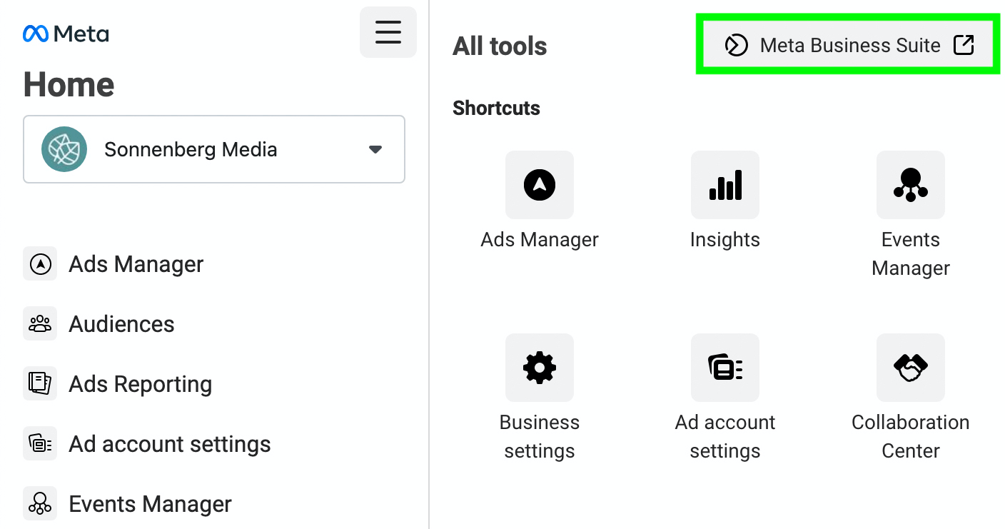 image of link to Meta Business Suite from All Tools menu