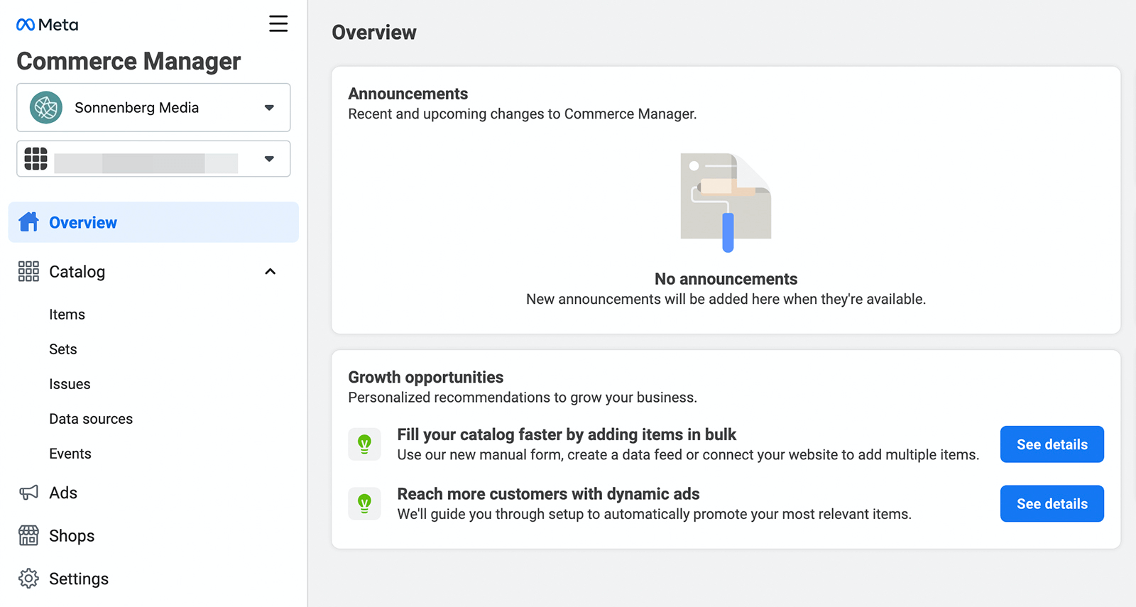 image of Meta Commerce Manager Overview screen