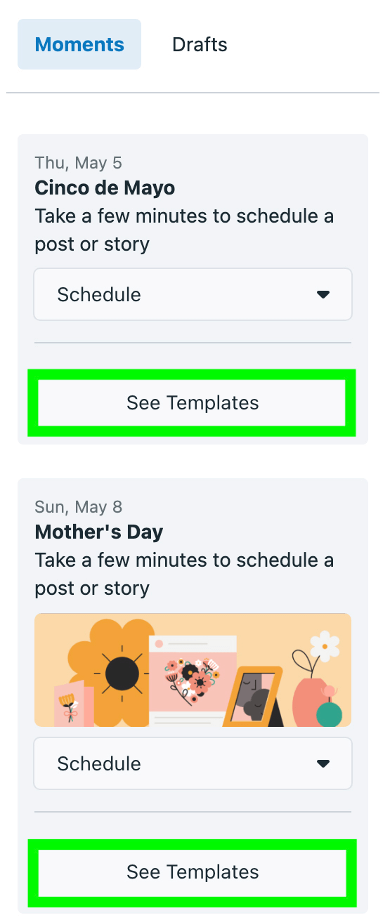 image of holiday templates in Meta Business Suite
