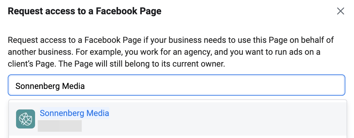 image of Request Access to a Facebook Page screen in Meta Business Manager
