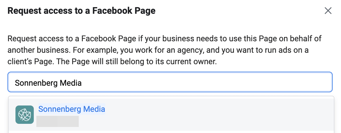 imagem da tela Solicitar acesso a uma página do Facebook no Meta Business Manager