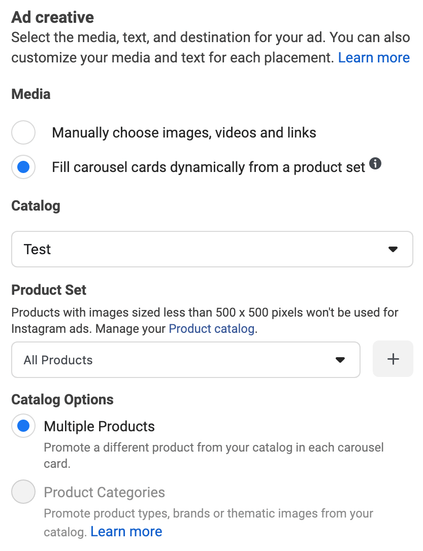 image of Fill Carousel Cards Dynamically From a Product Set option selected during Facebook ad setup