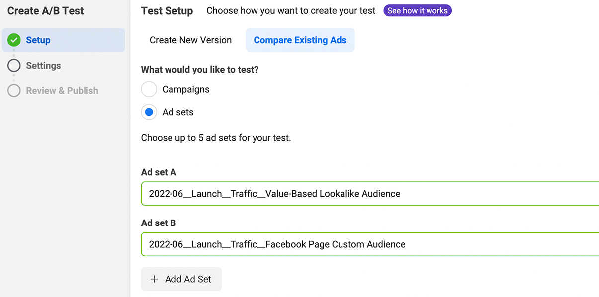 image of Setup step for A/B test in Ads Manager - Facebook Ad Mistakes