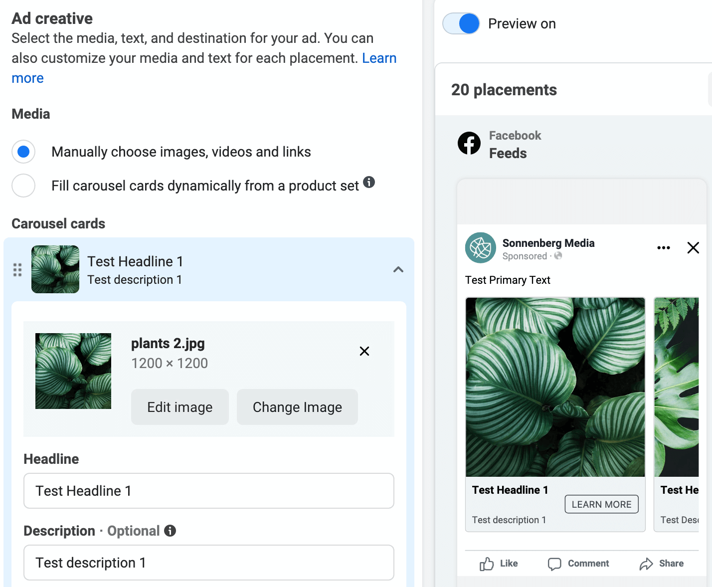 image of Manually Choose Images, Videos, and Links option selected during Facebook ad setup