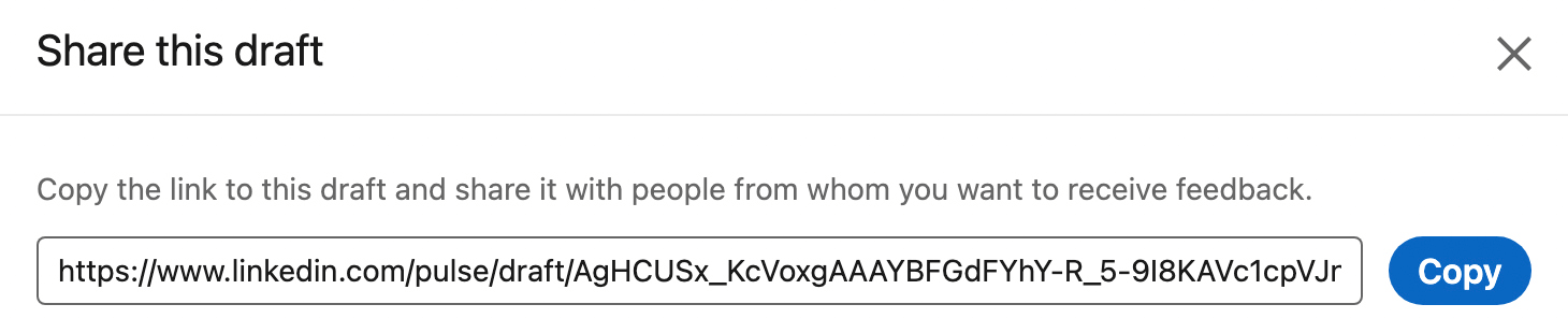 image of Share This Draft dialog box on LinkedIn