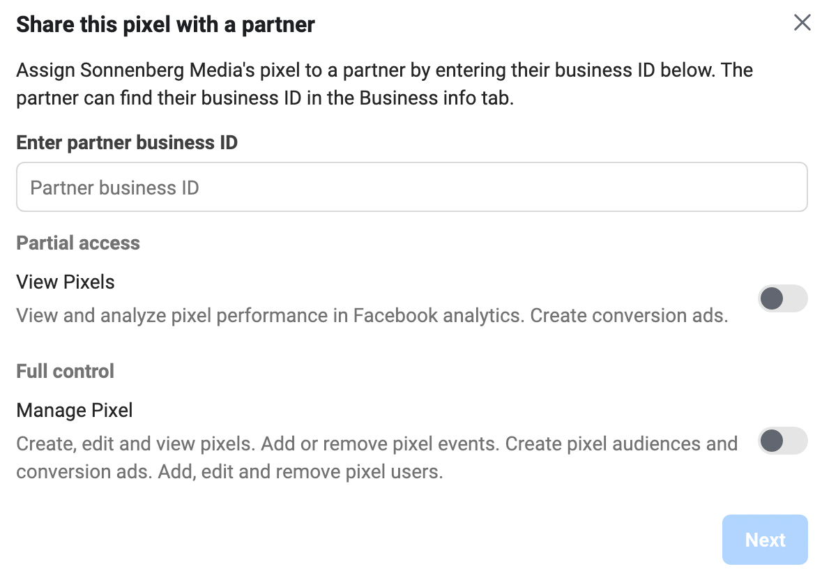 image of Share This Pixel With a Partner screen in Meta Business Manager