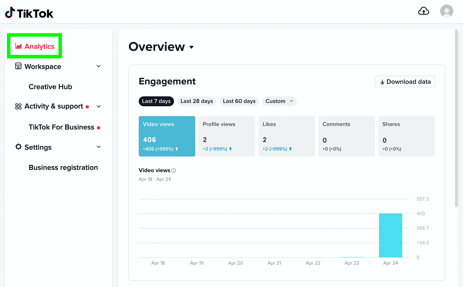 image of TikTok Analytics Overview screen