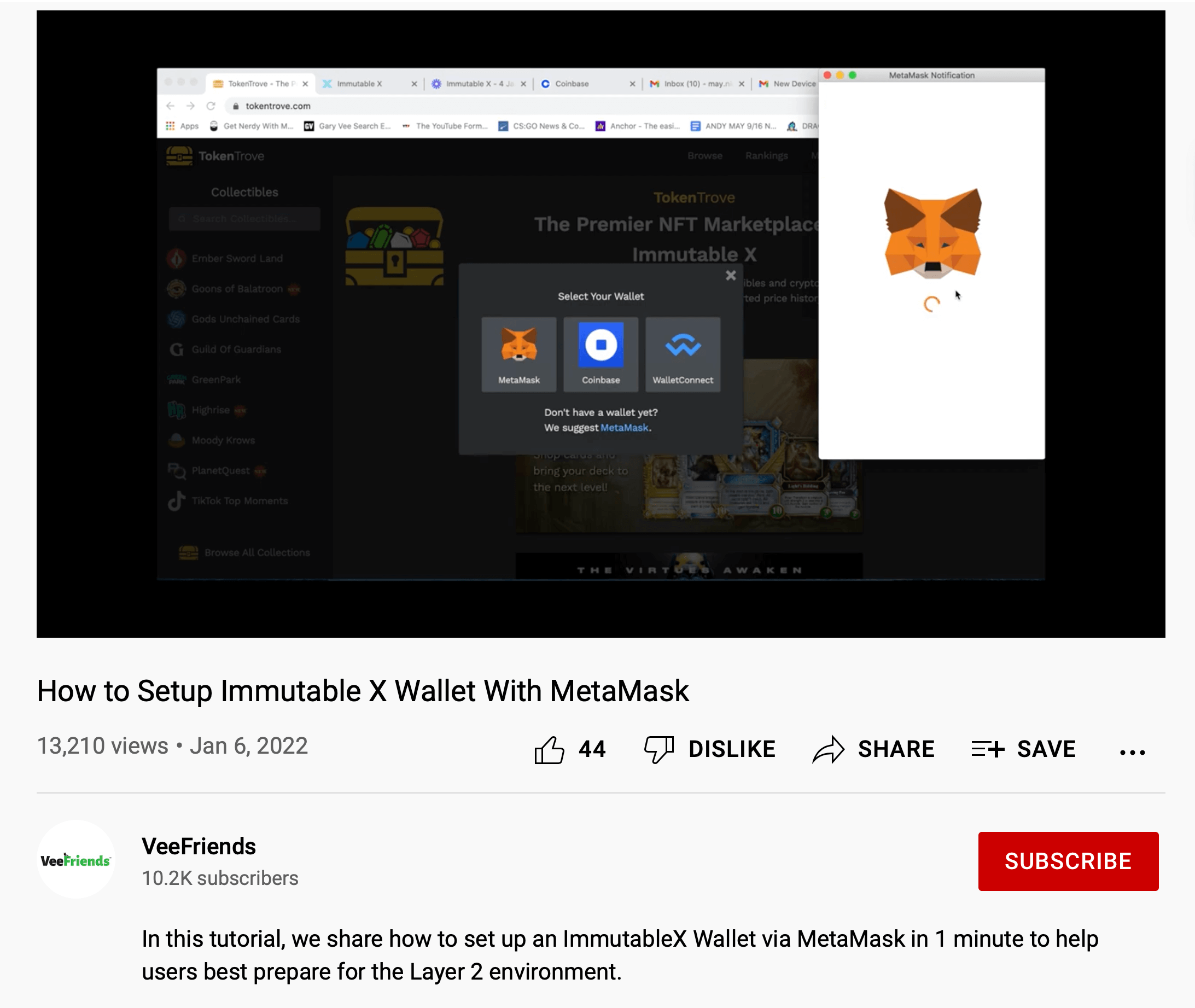 image of MetaMask instructional YouTube video on VeeFriends channel