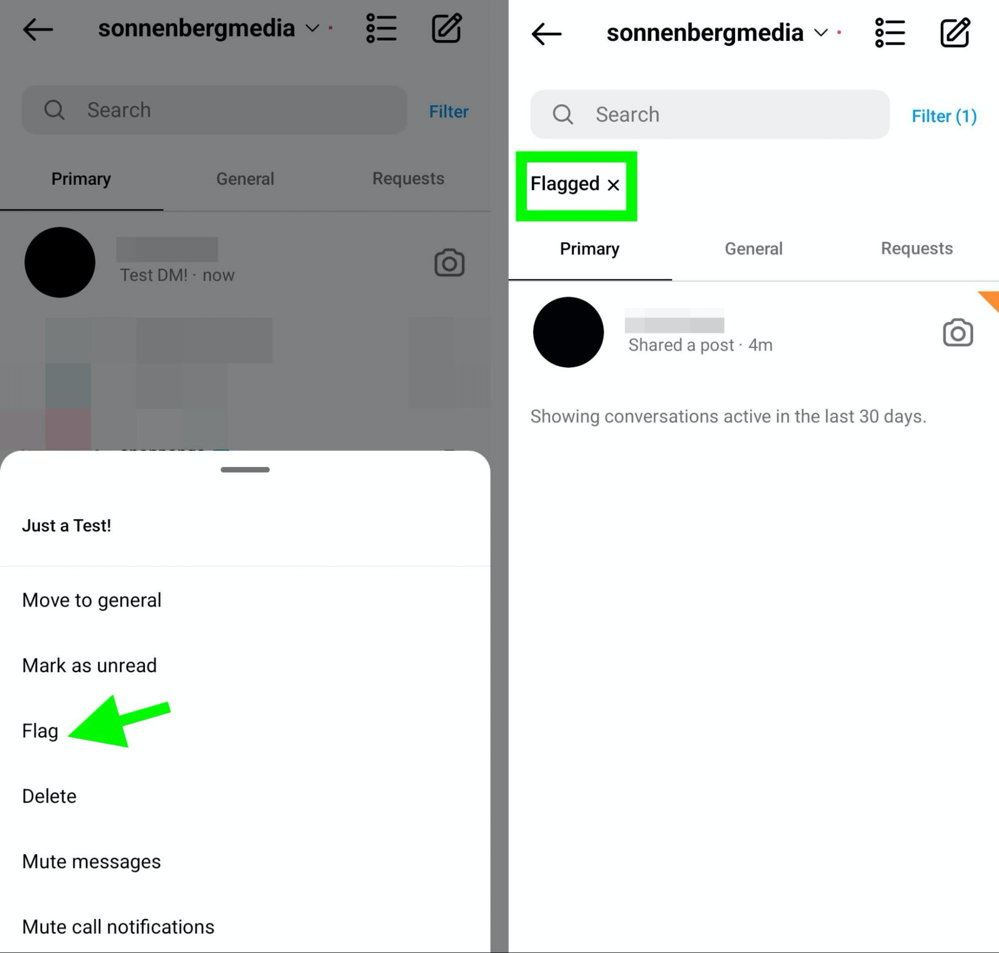 image of steps to viewed flagged conversations in Instagram DMs