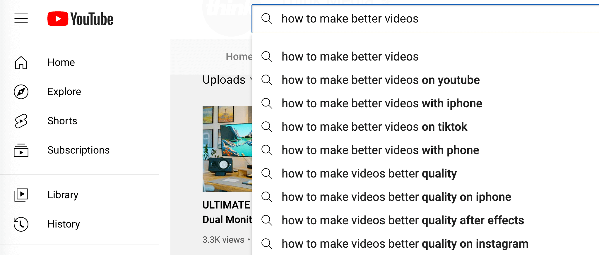 image of YouTube search autosuggestions