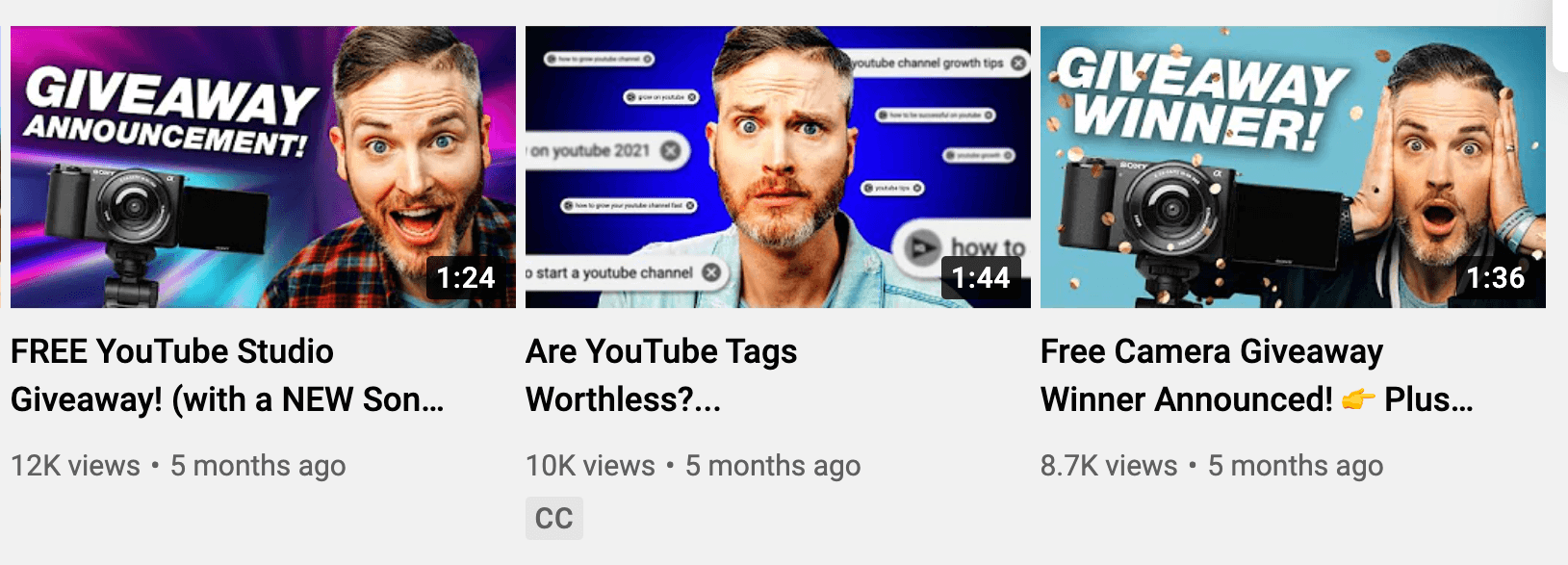 image of three YouTube video thumbnails showing emotion