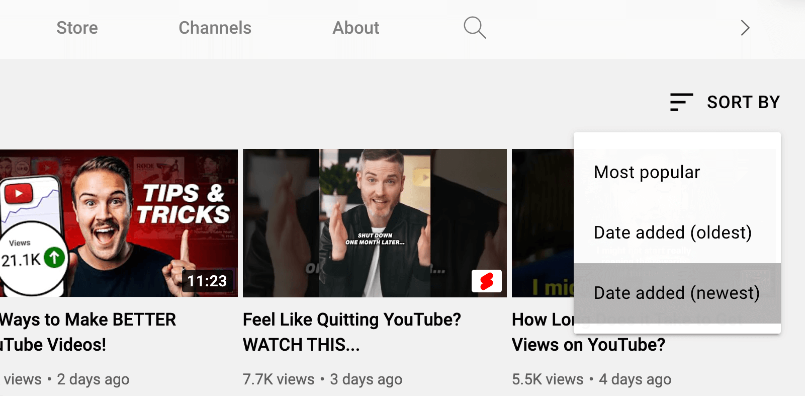 image of Sort By options on Video tab of YouTube channel