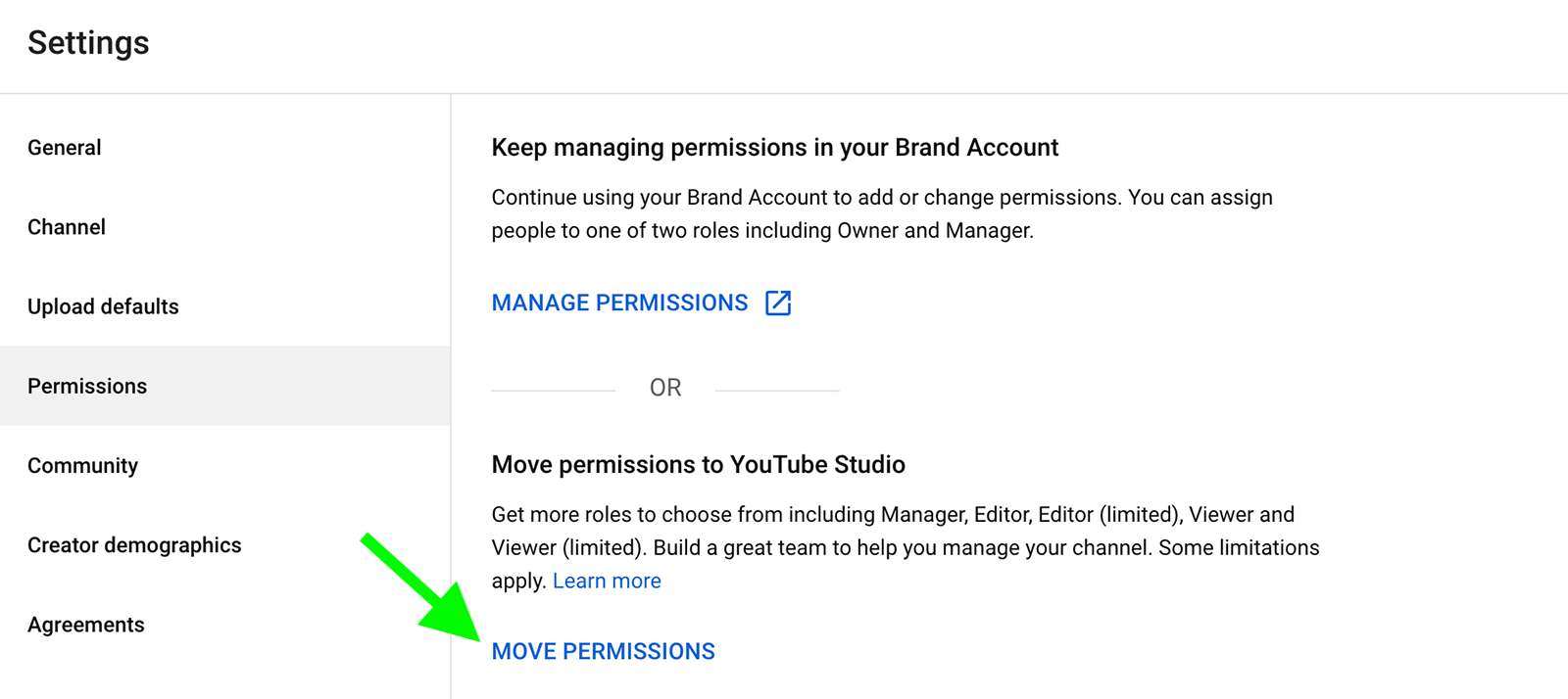 Move to  Studio Channel Permissions for Brand Accounts