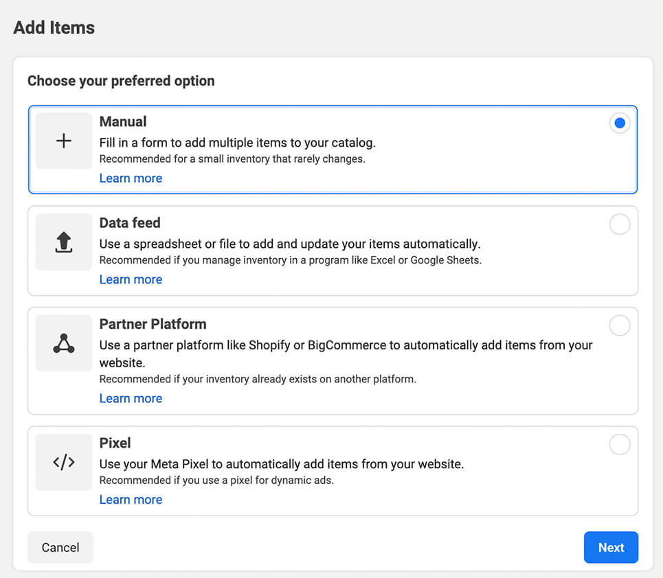 how-to-create-automated-sales-funnel-facebook-meta-commerce-manager-add-items-step-1