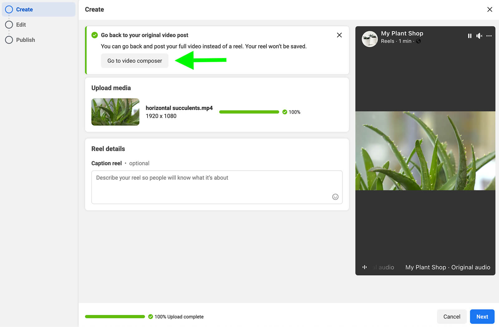 how-to-make-schedule-publish-facebook-reels-creator-studio-video-composer-my-plant-shop-step-6