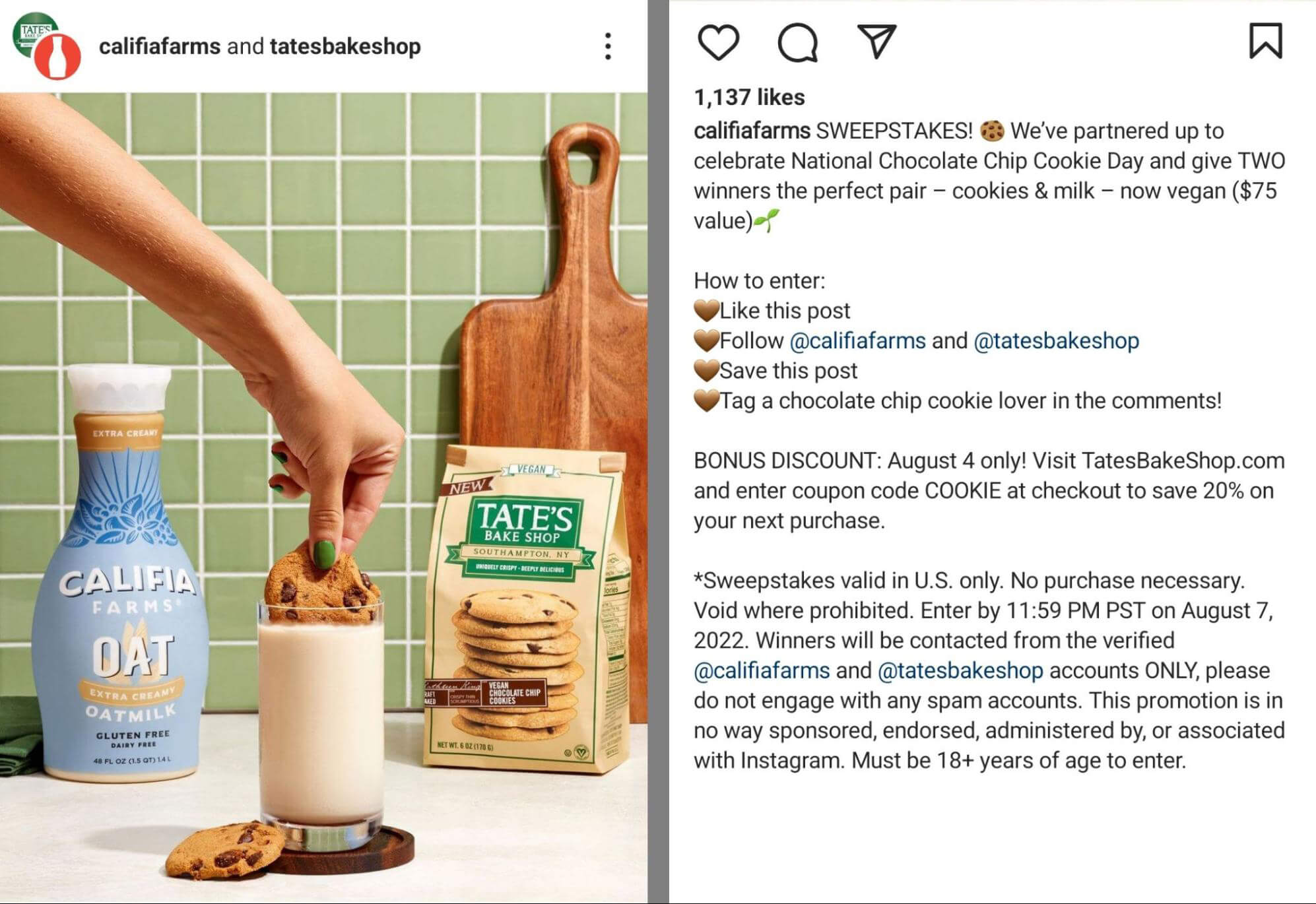 how-to-collaborate-with-a-complementary-brand-seasonal-holiday-giveaways-and-contests-califiafarms-tatesbakeshop-example-6-6