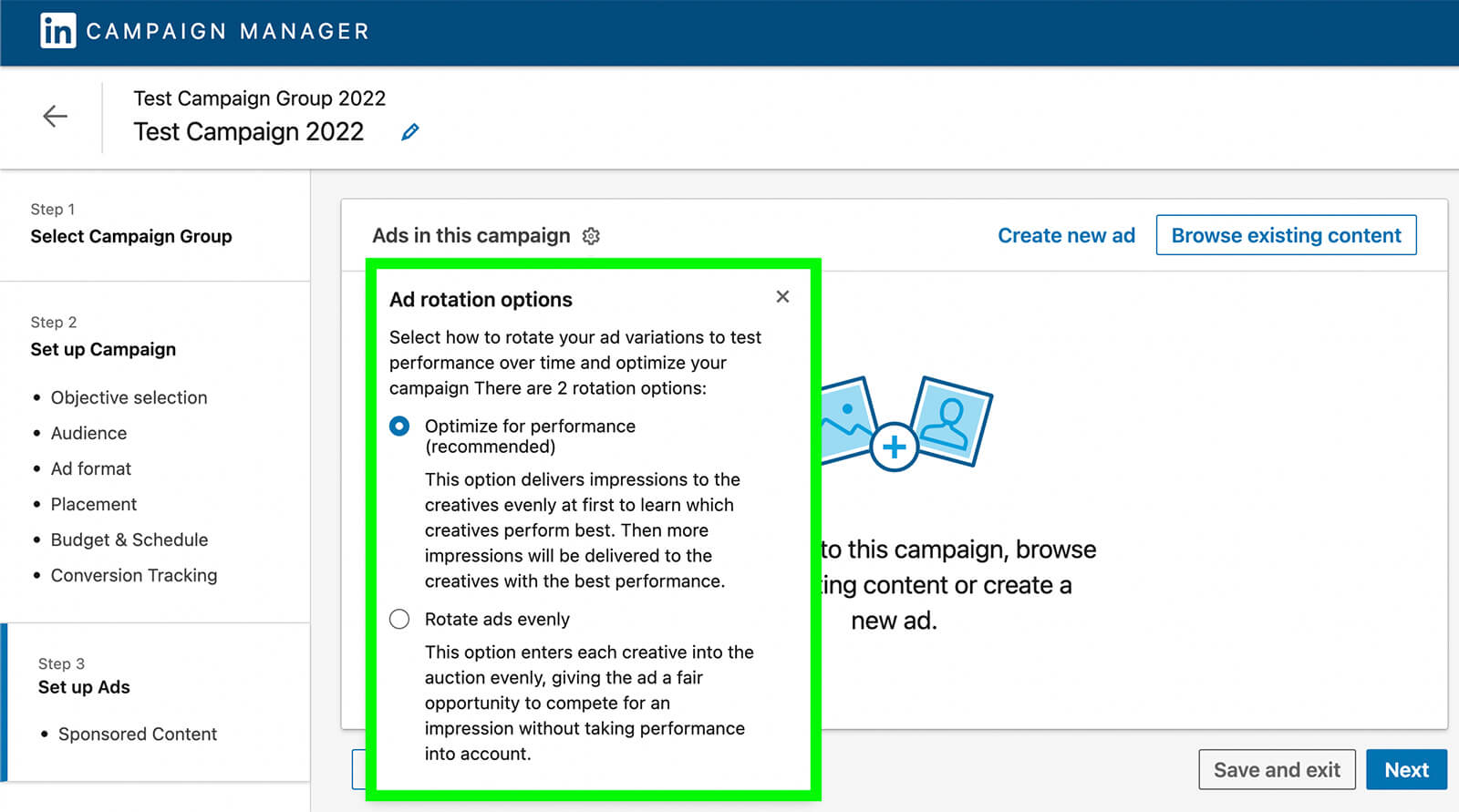 how-to-experiment-with-linkedin-ad-creatives-campaign-manager-optimize-for-performance-rotate-ads-evenly-example-1
