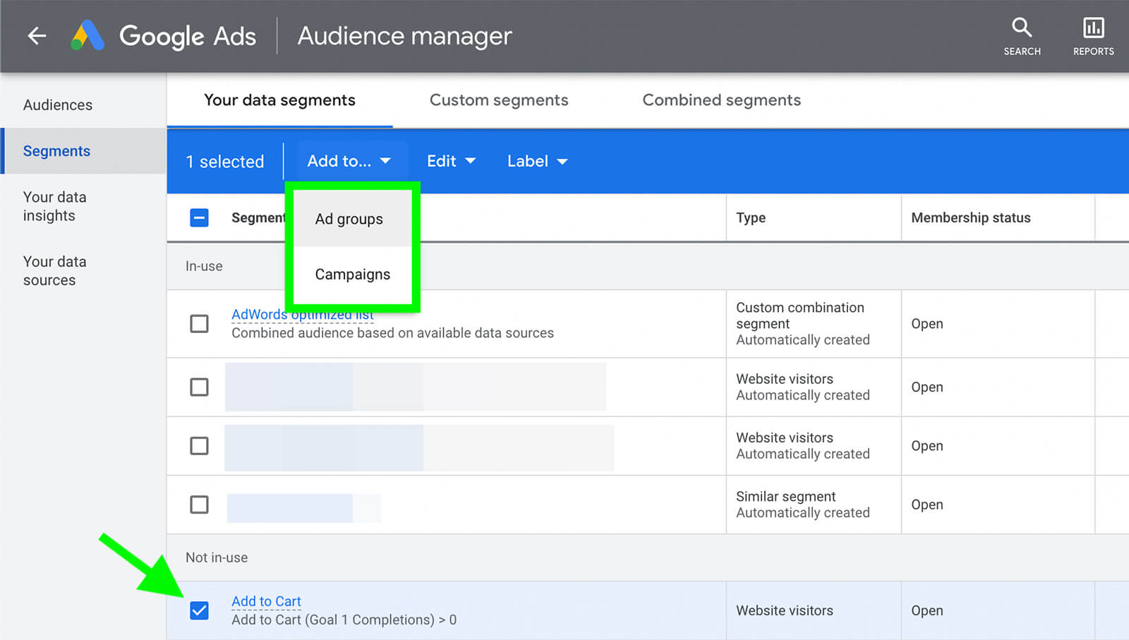 how-to-scale-youtube-ads-horizontally-audience-targeting-review-google-ads-audience-manager-add-to-test-ad-group-or-optimized-campaign-add-to-menu-example-9