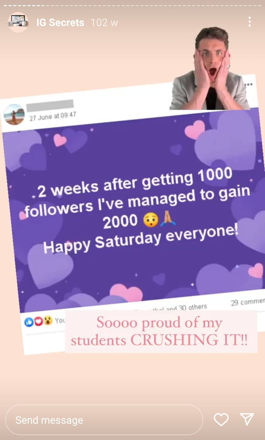 how-to-increase-sales-on-intagram-guide-leads-towards-a-sale-social-proof-testimonials-quotes-screenshots-contented-clients-ig-secrets-example-5