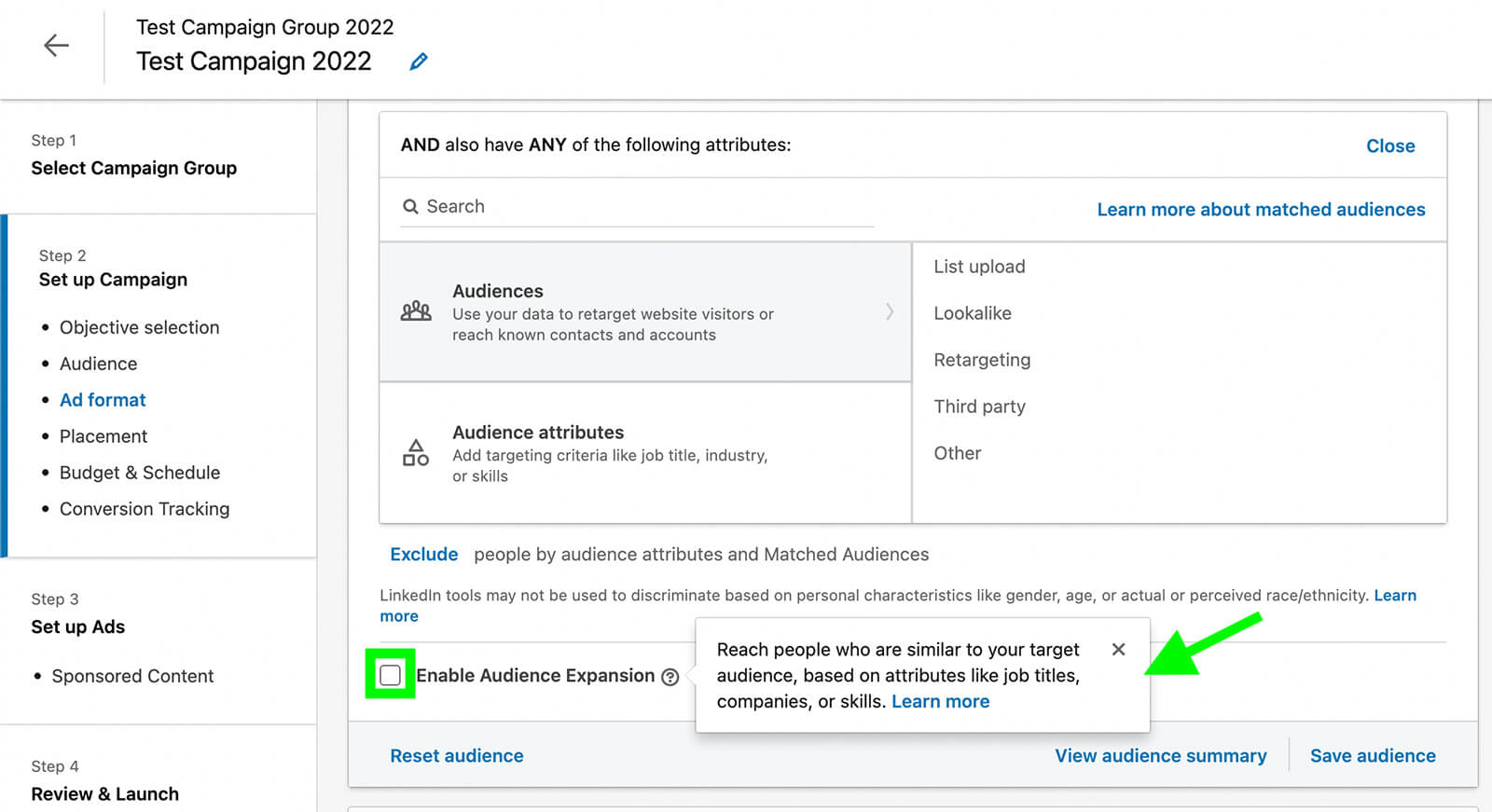 how-to-use-linkedin-audience-targeting-options-uncheck-enable-audience-expansion-box-example-3