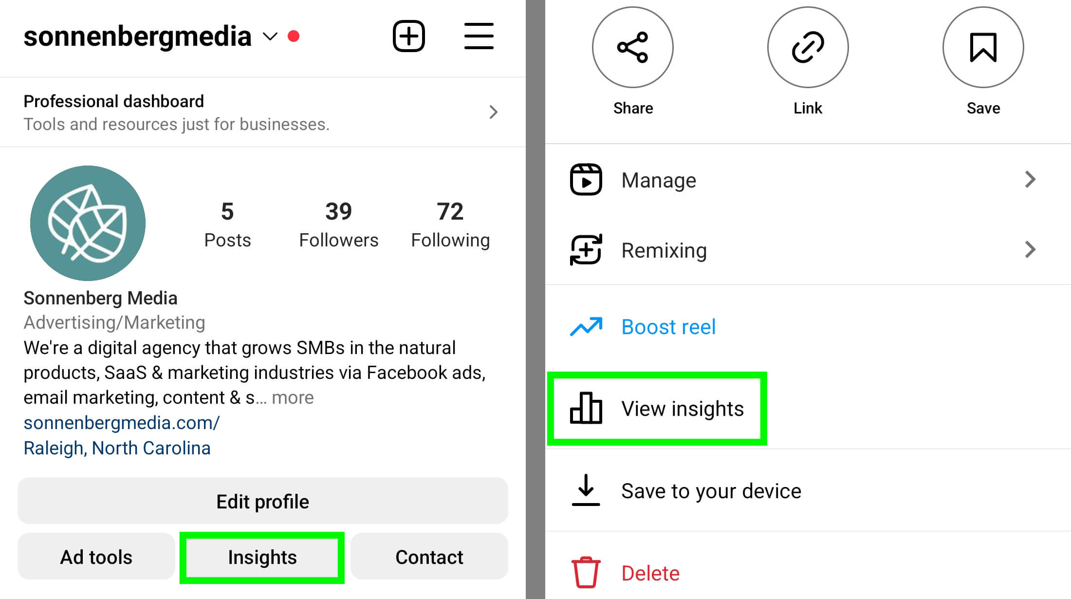 where-to-find-instagram-reels-insights-app-view-insights-sonnenbergmedia-example-3