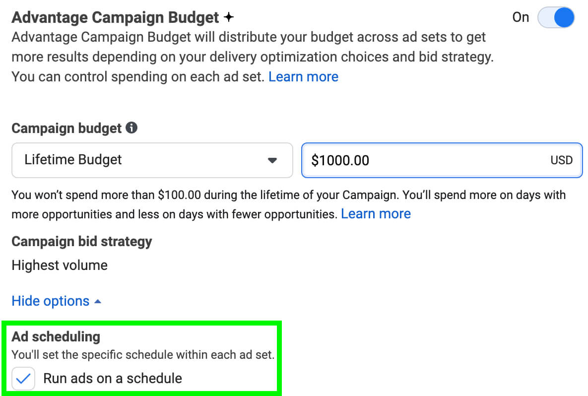 how-to-launch-call-ads-for-facebook-create-schedule-run-ads-on-a-schedlue-box-enable-advantage-campaign-budget-ad-scheduling-example-6