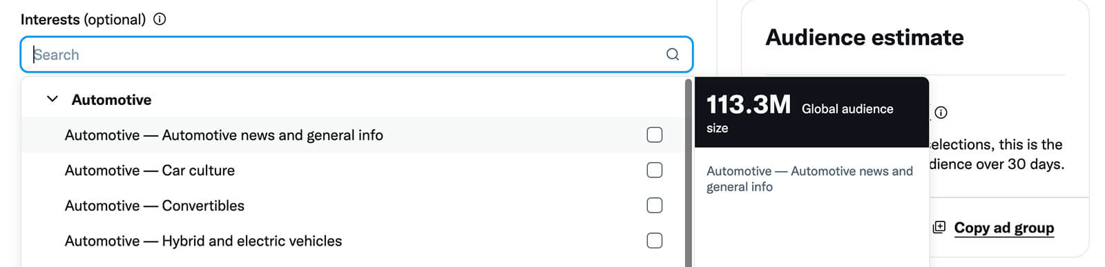 how-to-scale-twitter-ads-expand-your-target-audience-layer-more-additive-targeting-recommendations-tool-interests-dropdown-menu-related-categories-example-12