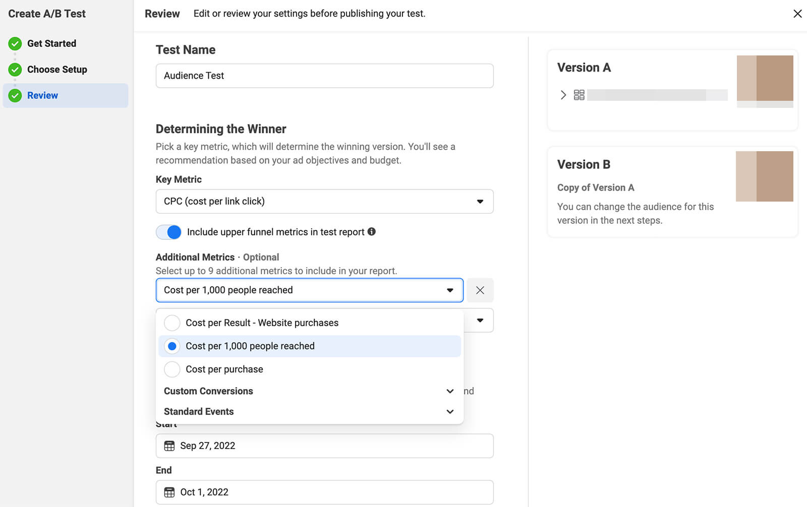 how-to-test-and-optimize-facebook-ad-campaigns-create-a-b-test-choose-key-metrics-include-upper-funnel-metrics-in-report-time-frame-example-2