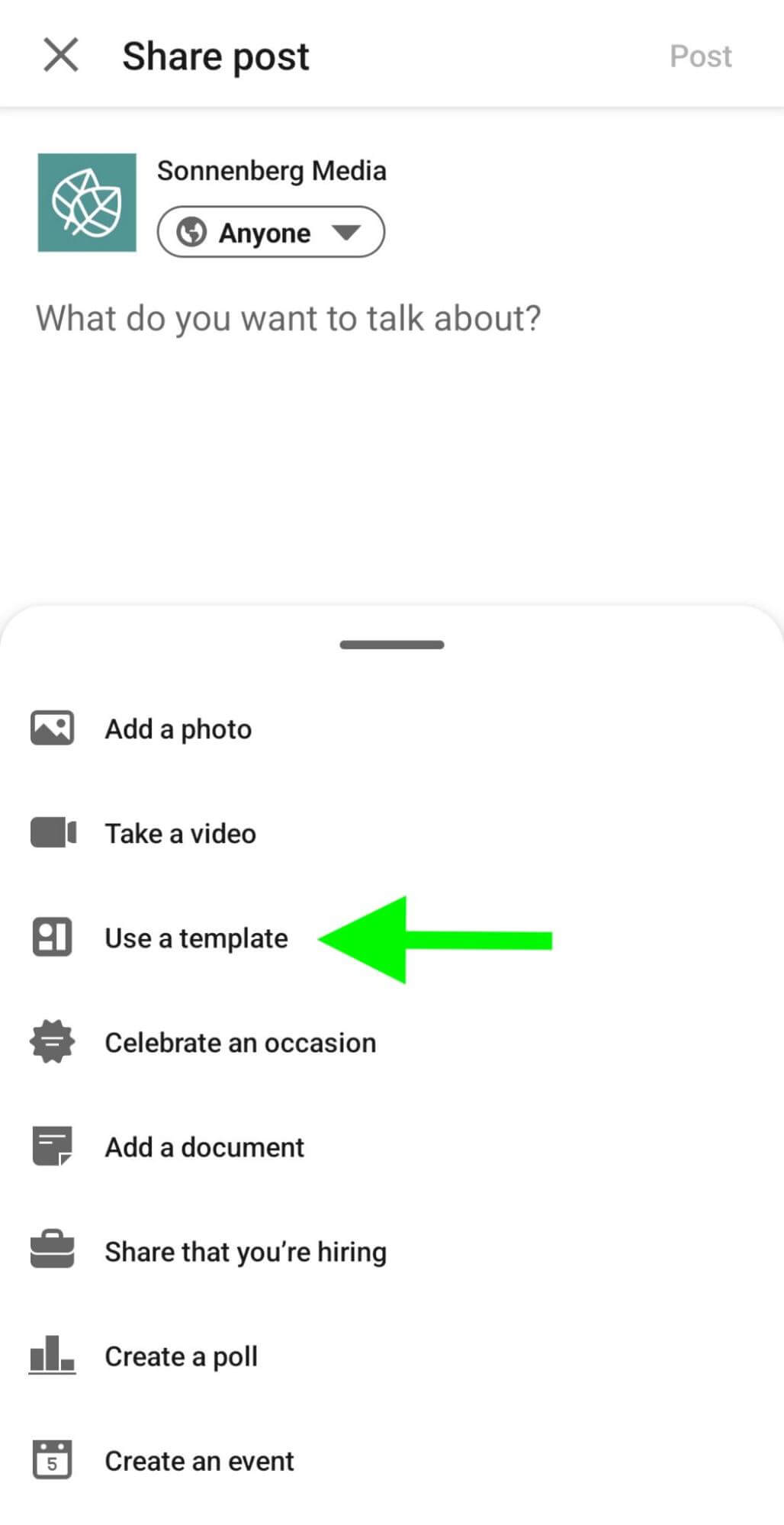 how-to-use-post-templates-on-linkedin-create-new-post-composer-menu-tap-sonnenbergmedia-example-3