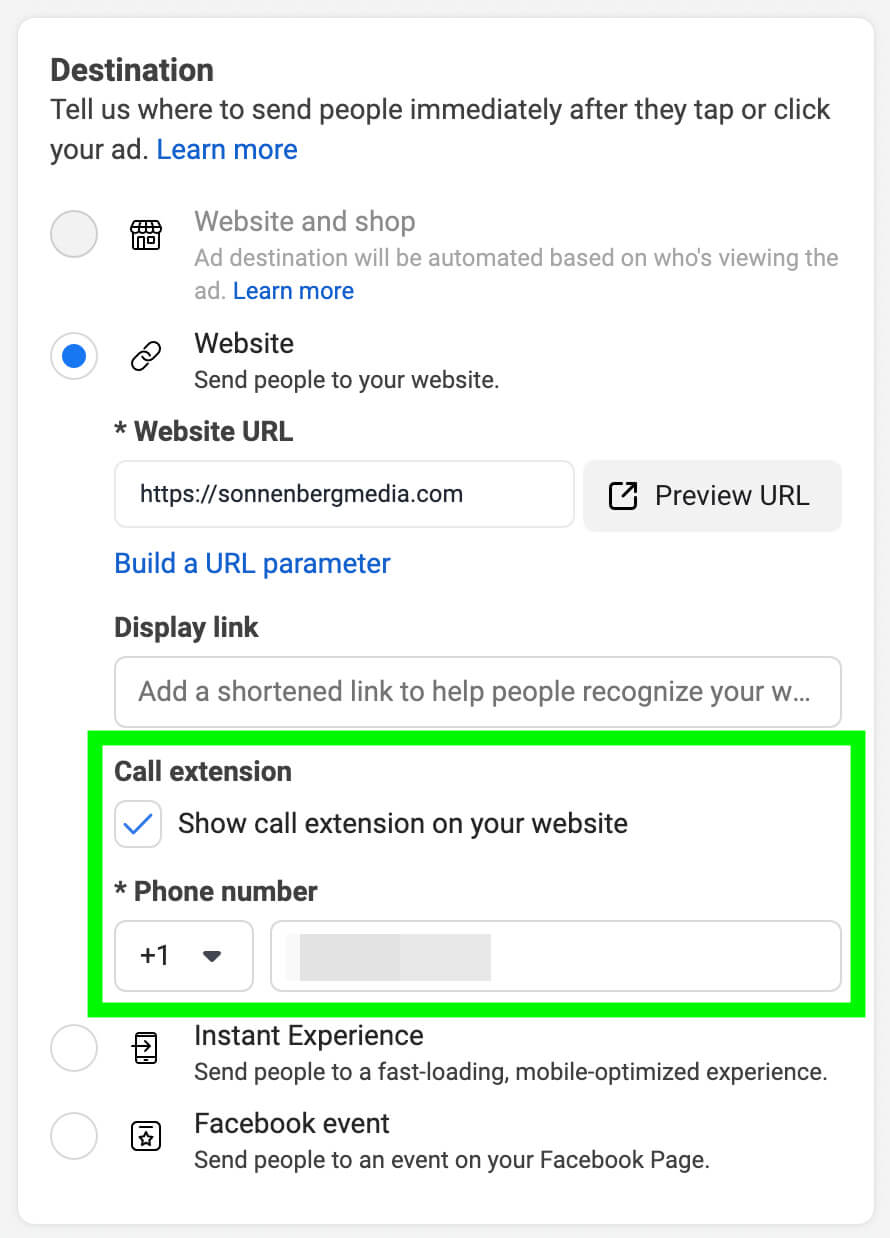 how-to-use-the-meta-call-ads-pre-call-business-feature-ad-level-enter-landing-page-url-check-call-extension-box-enter-business-phone-number-example-11