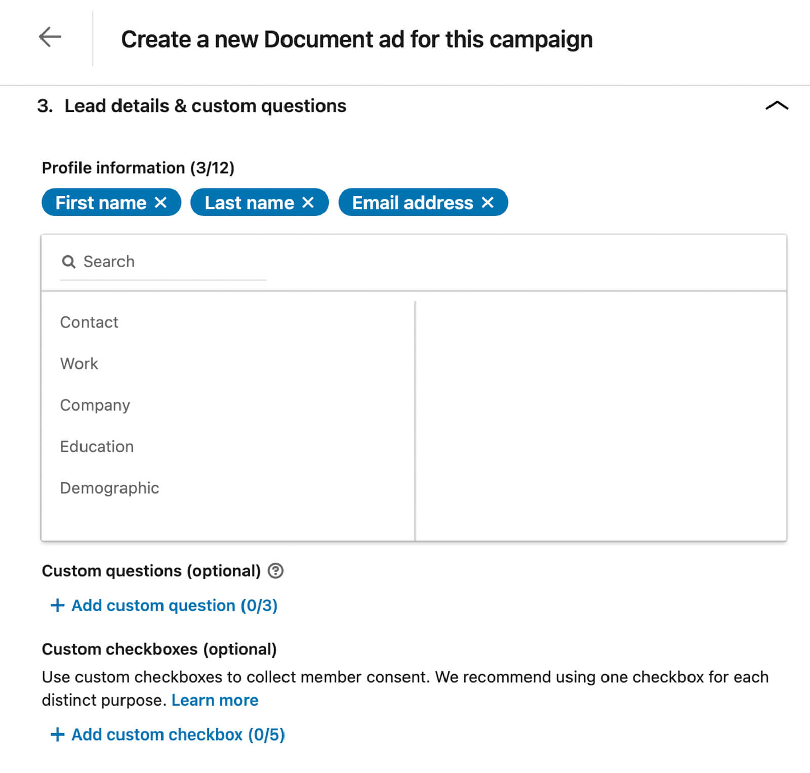 how-to-ad-a-lead-form-with-linkedin-document-ads-create-new-campaign-customize-profile-information-names-email-addresses-job-titles-company-names-add-custom-questions-example-12