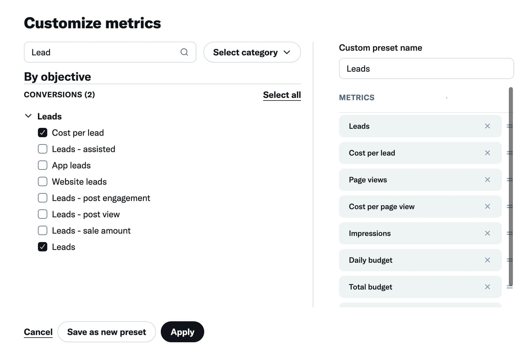 how-to-check-conversion-event-analytics-using-twitter-pixel-customize-metrics-custom-preset-name-example-27