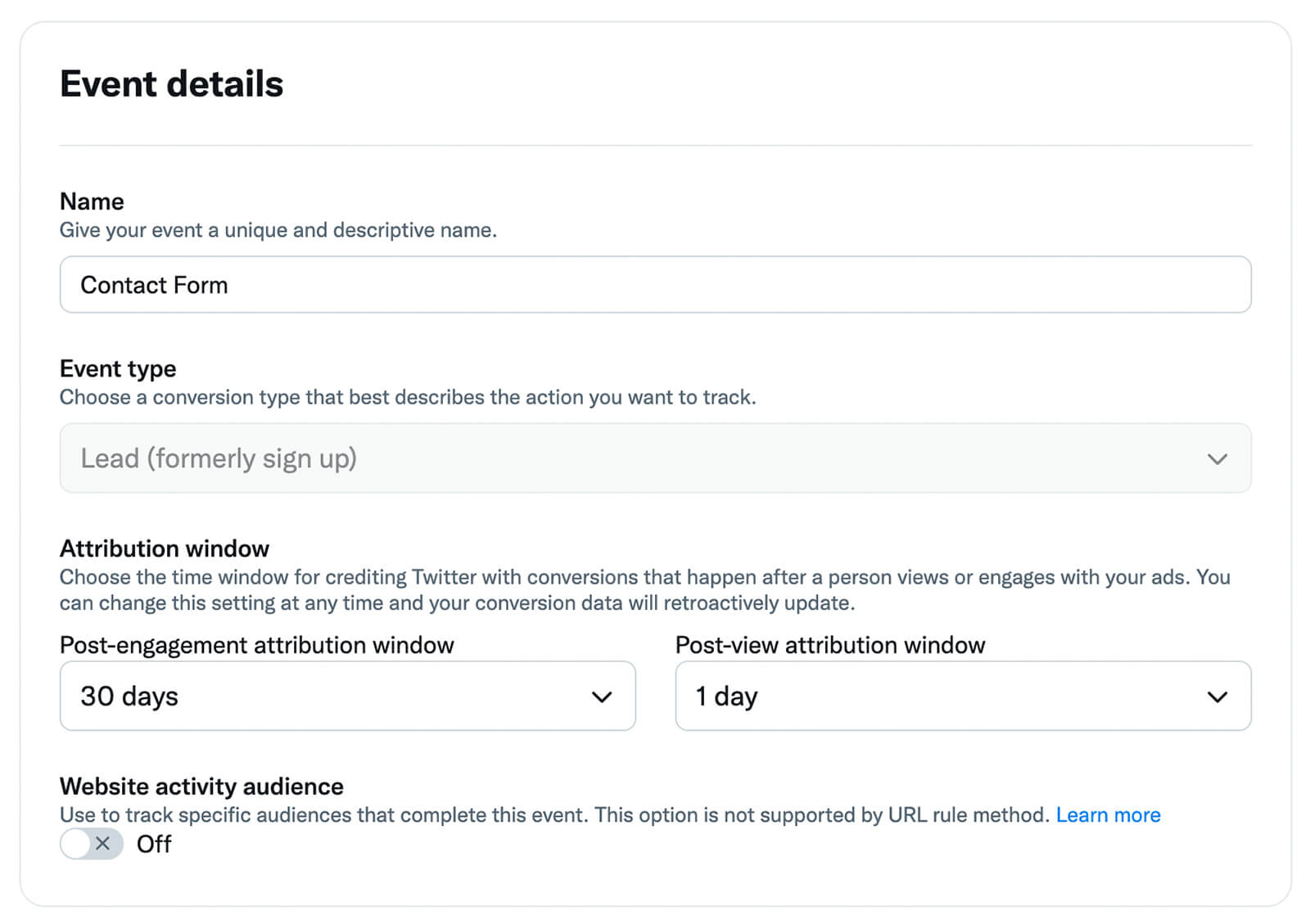 how-to-choose-conversion-events-using-twitter-pixel-event-type-descriptive-name-review-attribution-window-set-post-engagement-post-view-example-8