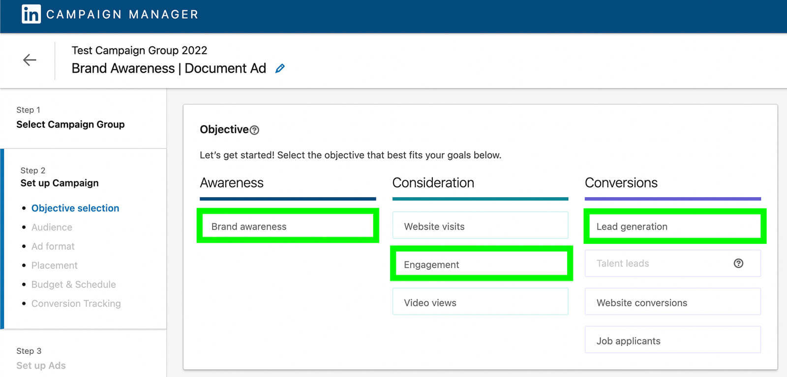 how-to-create-a-linkedin-document-ad-select-campaign-objective-brand-awareness-engagement-lead-generation-example-3