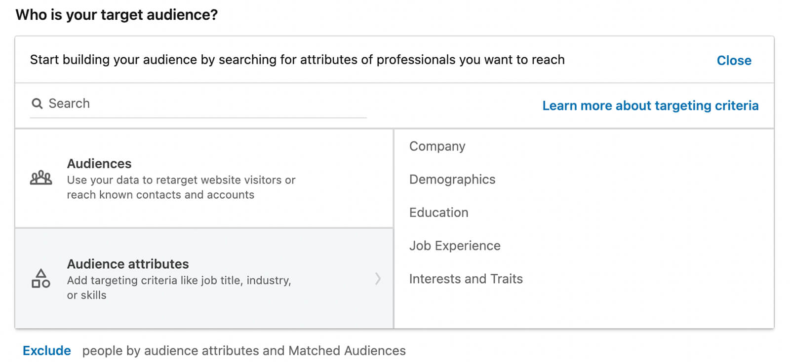 how-to-create-a-linkedin-document-ad-select-campaign-objective-build-a-target-audience-marketing-goals-attributes-professionals-example-4