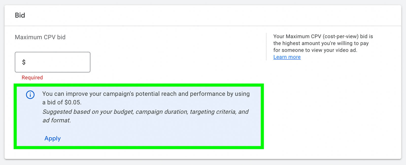 how-to-create-a-video-ad-with-an-existing-short-using-youtube-shorts-ads-bid-strategy-set-maximum-cpv-cost-per-view-for-ad-use-google-ads-suggestions-initial-bid-example-7