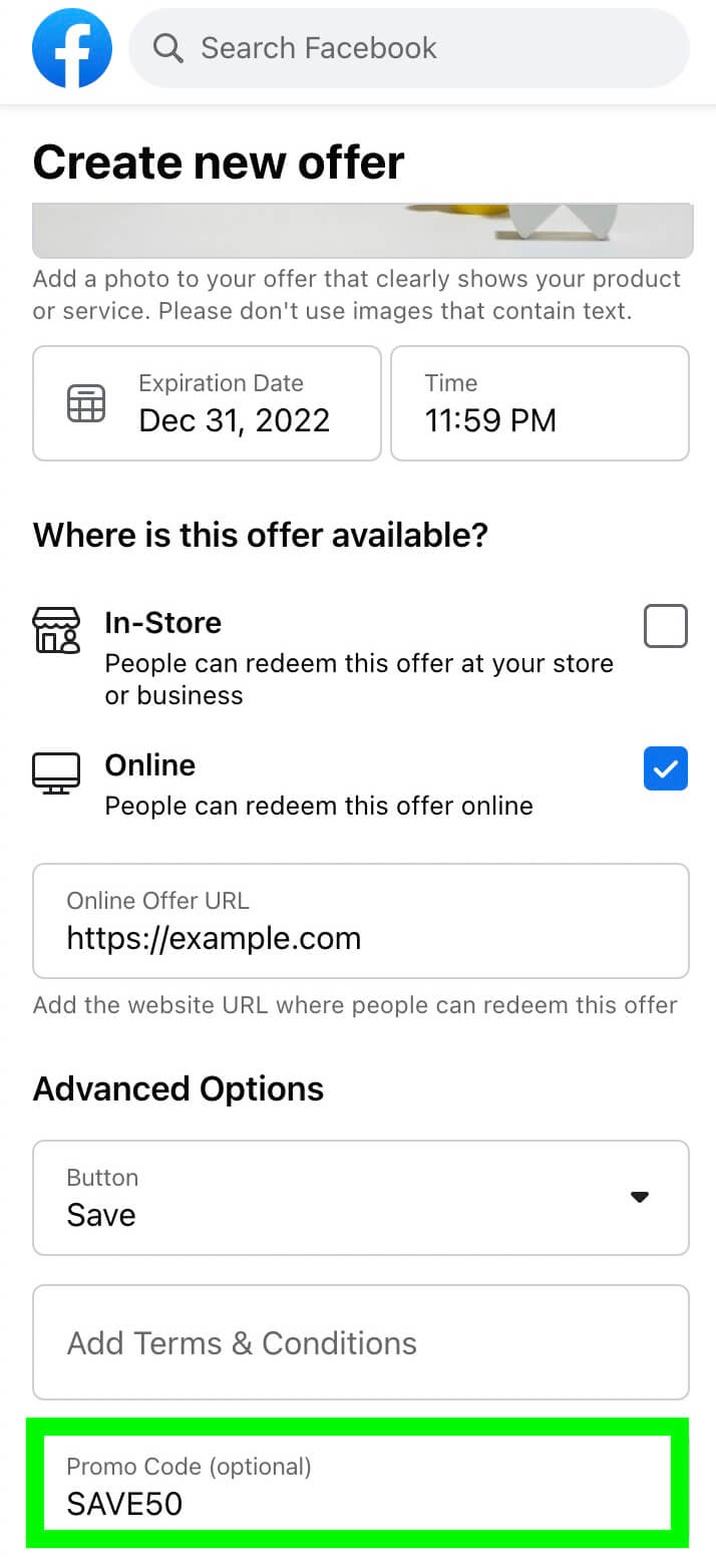 how-to-create-facebook-offers-to-share-discount-codes-enter-details-percentage-off-expiration-date-description-online-in-store-example-9