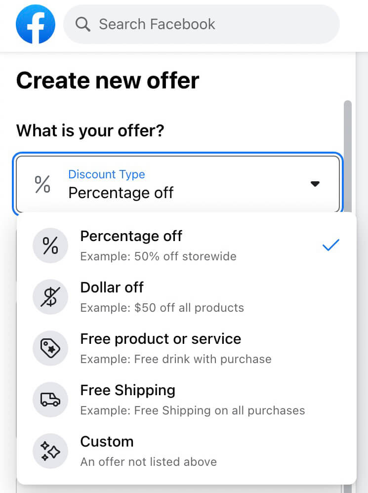 how-to-create-facebook-offers-to-share-discount-codes-type-of-offer-percentage-off-example-8