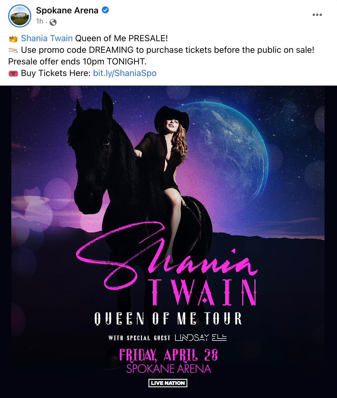 how-to-highlight-the-discount-code-in-facebook-post-feature-promo-code-for-concert-presale-landing-page-emojis-spokanearena-example-1