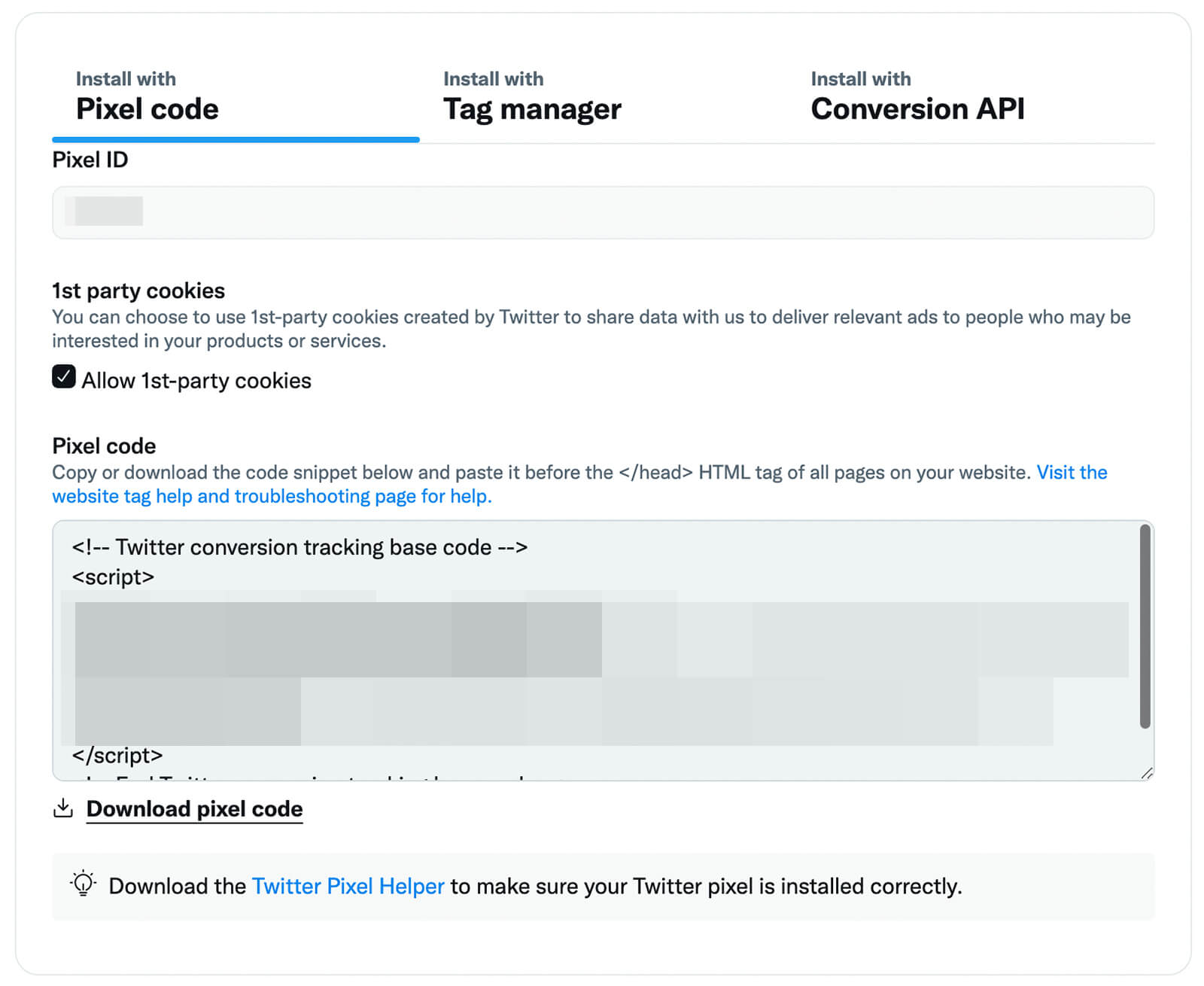 how-to-install-the-new-twitter-pixel-with-code-tab-review-settings-allow-first-party-cookies-example-5