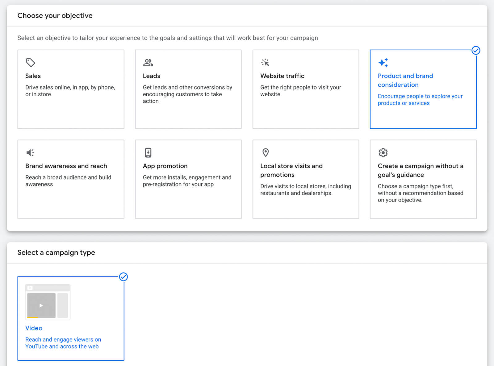 how-to-launch-a-new-video-aciton-campaign-using-youtube-shorts-ads-google-create-choose-campaign-objective-product-and-brand-consideration-videos-example-1