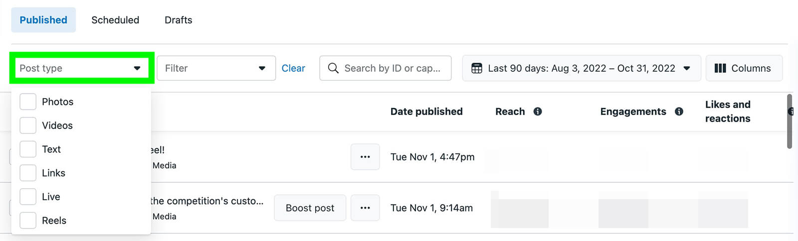 how-to-manage-posts-stories-and-more-in-the-content-tab-with-business-suite-organizes-post-type-filter-dropdown-basic-metrics-boost-example-5