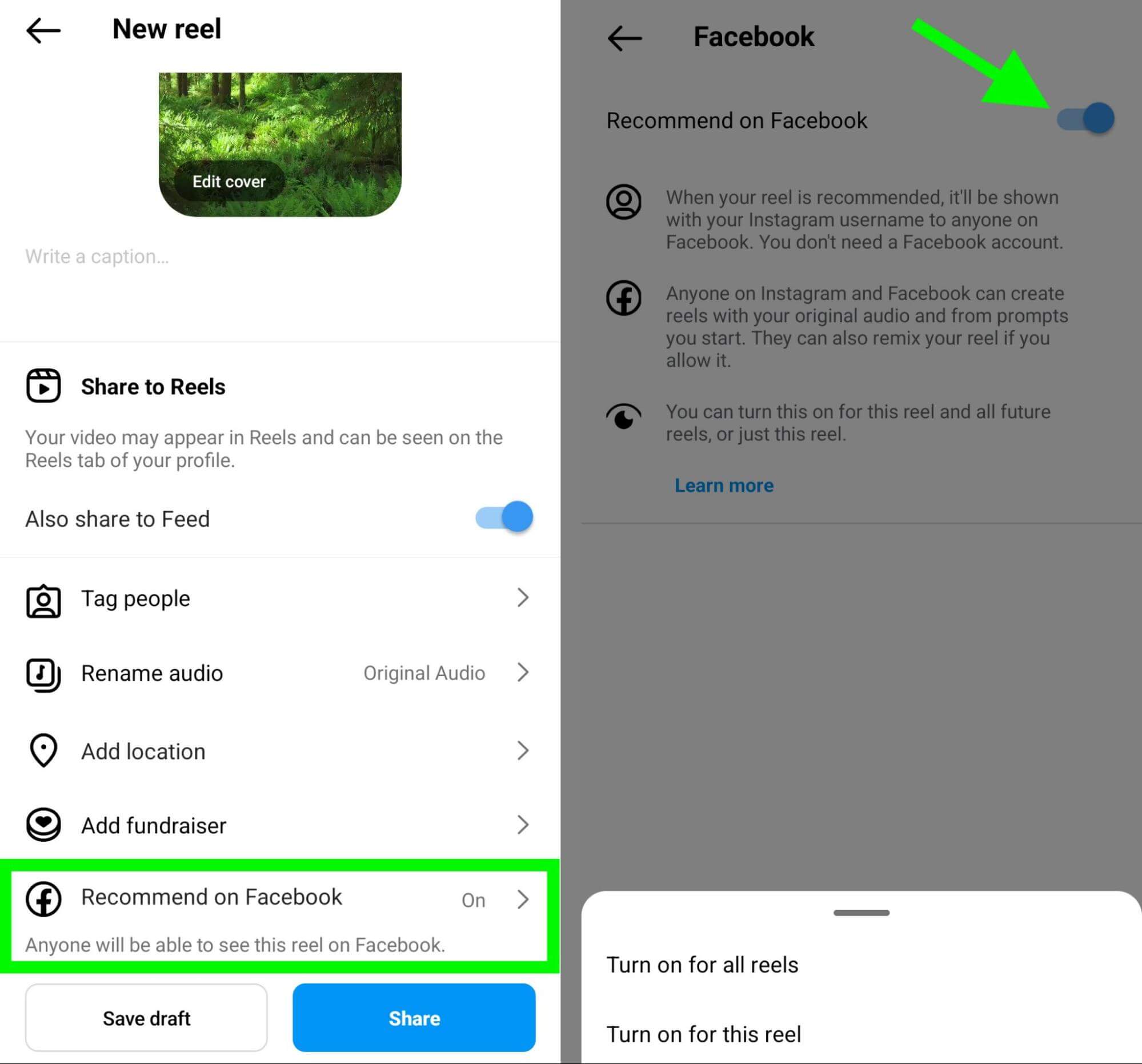 how-to-maximize-unconnected-distribution-on-facebook-cross-post-content-between-facebook-and-intagram-recommend-on-facebook-option-toggle-settings-example-10